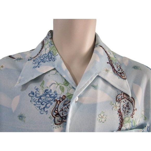 Powder Blue Paisley Print Polyester Lancer California Disco Shirt Mens Lg  EUC - Picture 9 of 16